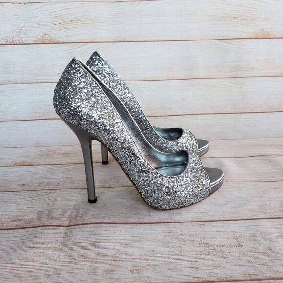 Miu Miu Glitter Peep Toe Stiletto Pumps - Picture 6 of 14